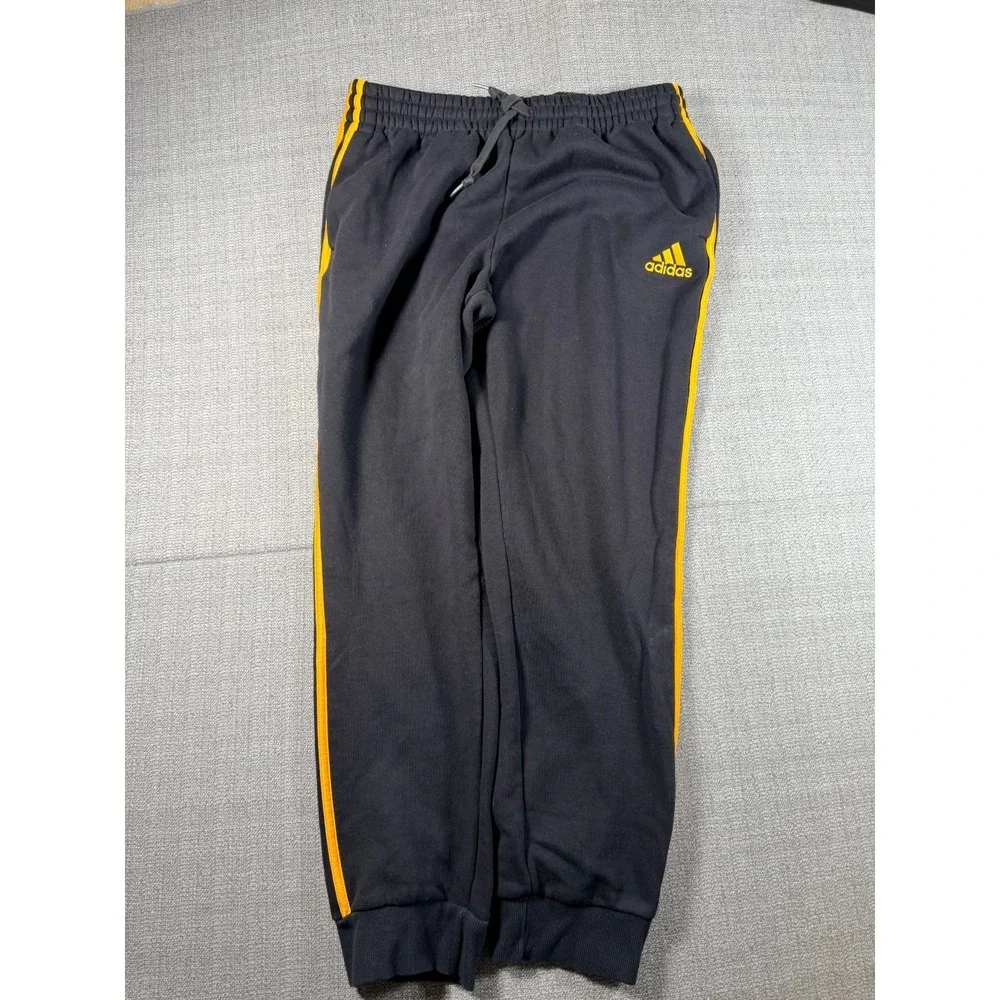 Adidas SweatPants Mens Large Black Yellow 3 Stripes Fleece‎ Lined Tapered Leg